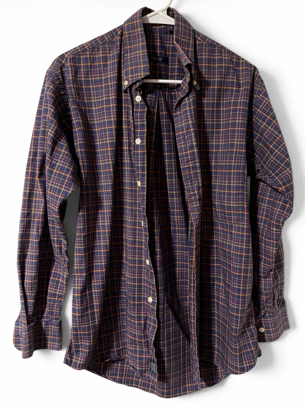 Burberry Navy Plaid Button-Down Shirt with Brown and Orange Grid